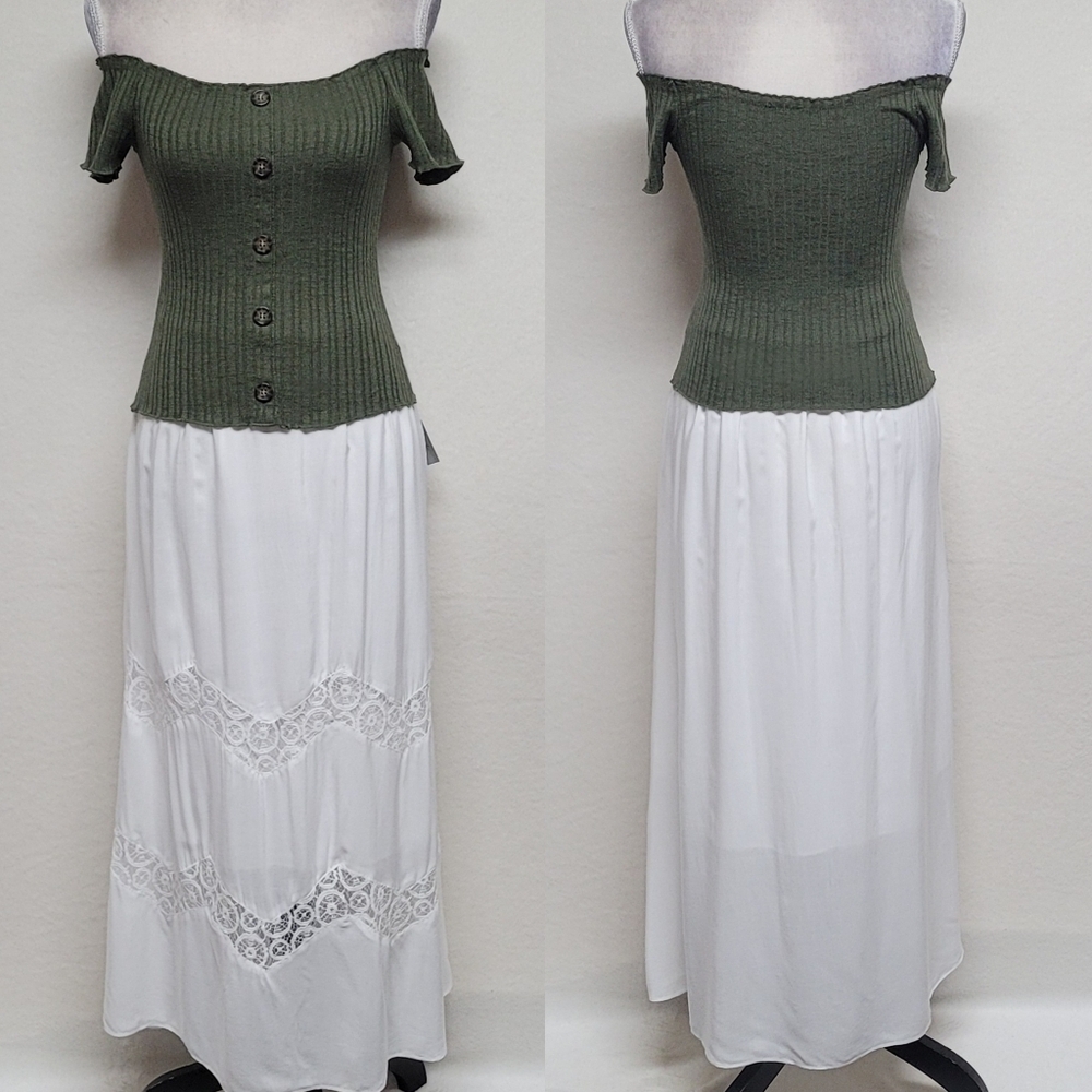 Tribella Boho White Lace Insert Elastic Waist Three-quarter Lined Midi Skirt L